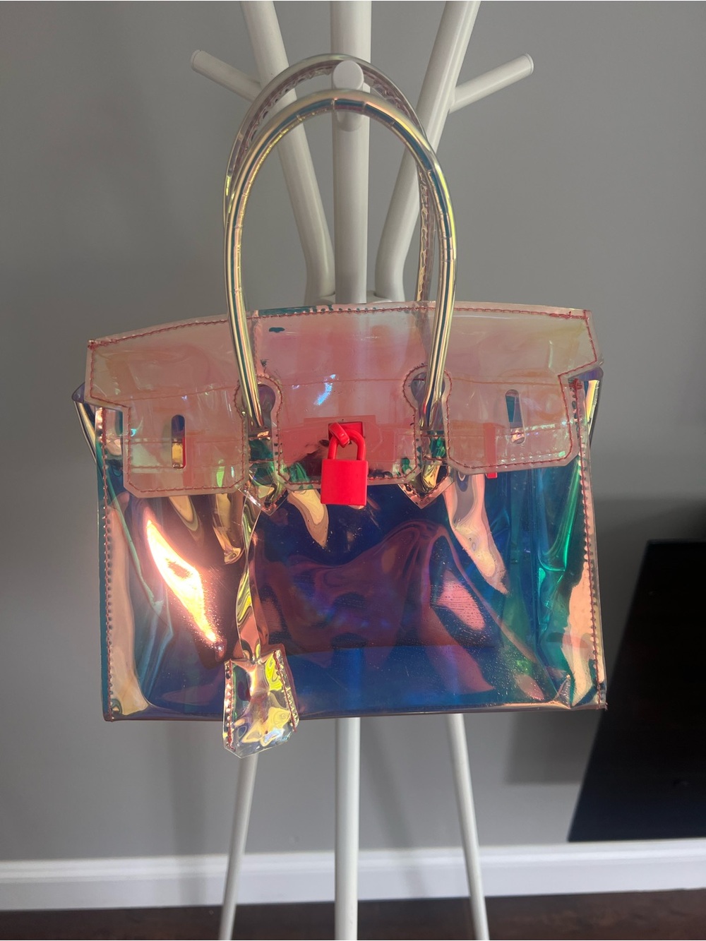 Iridescent Clear Jelly Satchel Bag with Matching Pouch & Lock Accent
